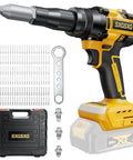Cordless Rivet Gun for DeWalt 20V Max Battery Tool Only Bare Tool With Brushless Motor, shown with case, rivets, and accessories.