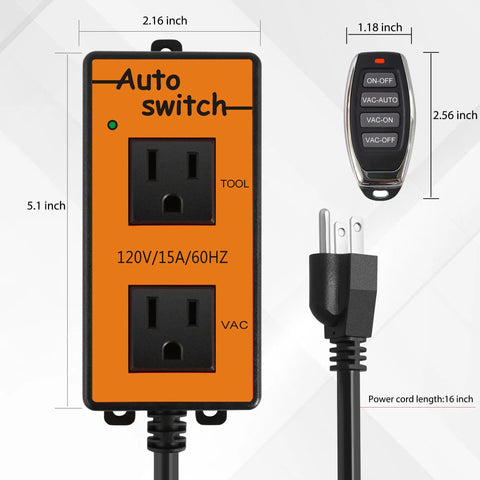 Automatic vacuum switch with remote; orange control box with two outlets labeled TOOL and VAC, plus remote