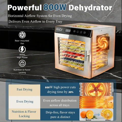 Top Shelf 800W Food Dehydrator Machine Featuring Ten Stainless Steel Trays For Even Airflow And Precise Temperature Settings To Whip Up Homemade Beef Jerky Dried Fruit And Herbs Quickly on a kitchen countertop.