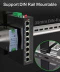 8 Port Rugged Gigabit Industrial Switch with DIN Rail Mount installed, showing Ethernet ports, IP40 rated, black metal frame.