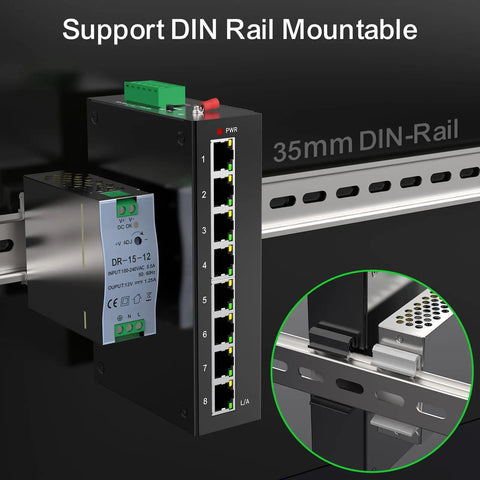 8 Port Rugged Gigabit Industrial Switch with DIN Rail Mount installed, showing Ethernet ports, IP40 rated, black metal frame.