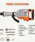 1700W Electric Jackhammer Concrete Breaker With 1900 BPM Demolition Power And Complete Three Piece Chisel Set showing product specifications including handles and bits.
