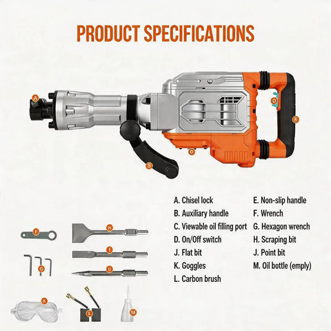 1700W Electric Jackhammer Concrete Breaker With 1900 BPM Demolition Power And Complete Three Piece Chisel Set showing product specifications including handles and bits.