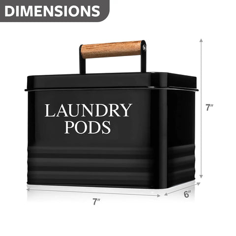 Modern Farmhouse Metal Laundry Pods Holder With Lid, Space Saving Organizer Holds 81 Pods, Black Finish, dimensions shown.