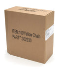 Box containing 100 Foot Yellow Plastic Safety Barrier Chain For Construction Sites And Garages Non Marring No Rust High Visibility Barricade