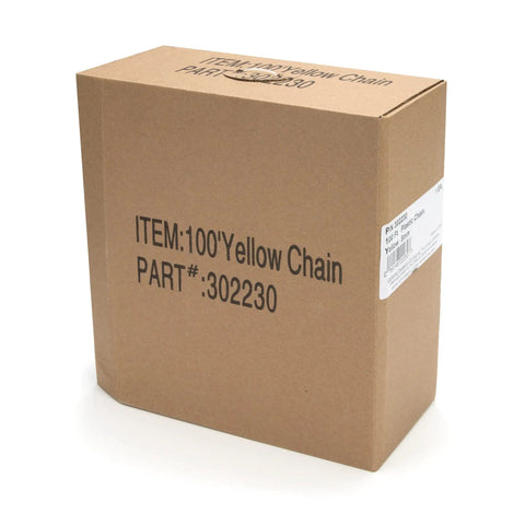 Box containing 100 Foot Yellow Plastic Safety Barrier Chain For Construction Sites And Garages Non Marring No Rust High Visibility Barricade
