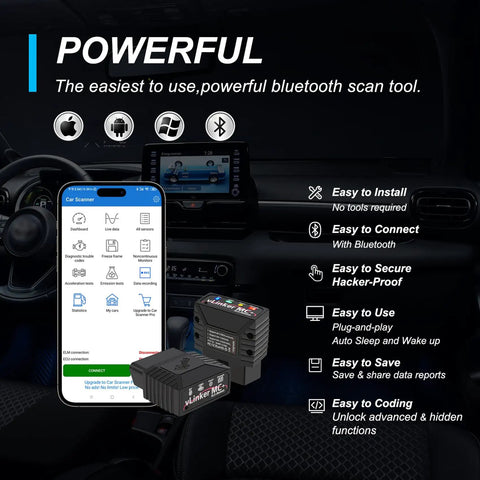 vLinker MC Plus OBDII Bluetooth Adapter for Car All Systems Diagnostic, Wireless OBD2 Scanner shown with app and car dashboard