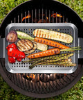Outdoor BBQ Grill Pan Set Of 2 Stainless Steel Perforated Grilling Baskets With Handles, with vegetables grilling over flames