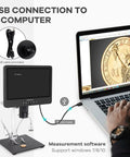 Crystal Clear 2160P HDMI Digital Microscope With 10.1 Inch Display Three Lens System For Soldering Repair Electronics Coins Plants Stones And Biological Slides Up To 2000x Magnification USB cable and PC measurement software shown
