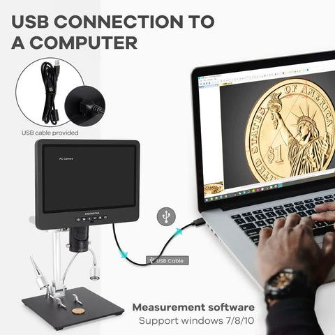 Crystal Clear 2160P HDMI Digital Microscope With 10.1 Inch Display Three Lens System For Soldering Repair Electronics Coins Plants Stones And Biological Slides Up To 2000x Magnification USB cable and PC measurement software shown