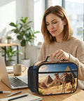 Woman handling Camel Desert Insulated Lunch Box With Detachable Handle For Women And Men, Leakproof Reusable Cooler Tote Bag
