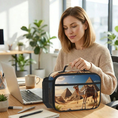 Woman handling Camel Desert Insulated Lunch Box With Detachable Handle For Women And Men, Leakproof Reusable Cooler Tote Bag