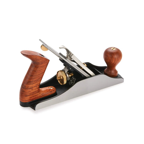 Pro Grade Number Four Bench Plane Built Like A Tank For Intense Shop Sessions Smooths Rough Boards Effortlessly with a wooden handle.