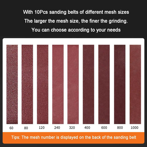 Heavy Hustle Desktop Belt Sander And Compact Electric Polisher With Clear LCD Panel showing 10 sandpaper belts of varying mesh sizes.