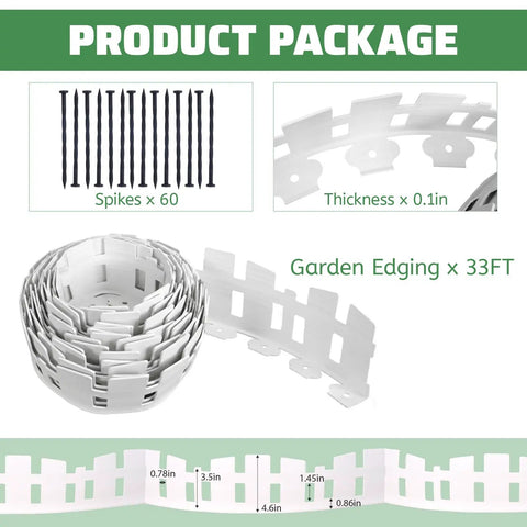 33 Foot White Plastic Garden Edging Border Kit With 60 Stakes No Dig Lawn Border For Flower Beds And Landscaping 4 Inch Tall Decorative Edge To Define Garden Borders Quick Install And Durable Outdoor Border packaging details