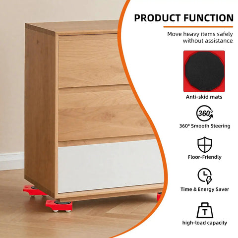 HQO LOVL Furniture Glider Kit with Four Carbon Steel Slides for Sofa Fridge Moving - Easy Lifter Tool Set under a wooden dresser, showcasing anti-skid mats.