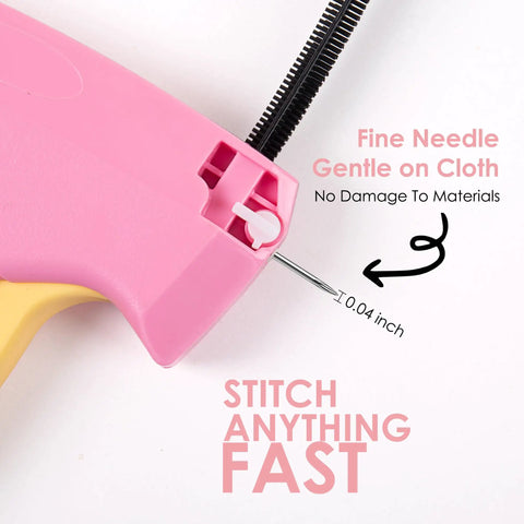 Close-up of pink-yellow Handheld Stitch Gun For Quick Clothing Repairs, showing fine needle illustration and text highlighting features.