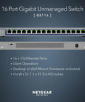 Front and back view of 16 Port Gigabit Unmanaged Ethernet Switch For Home Or Office, No Fuss Setup, Plug And Play with mounting options.