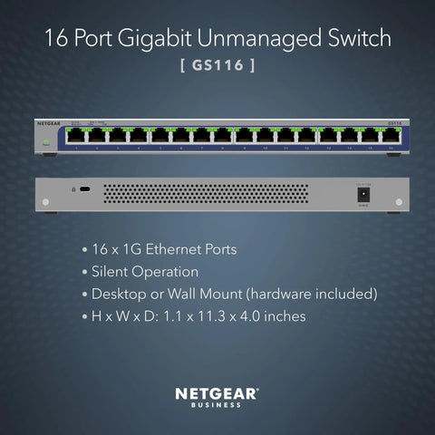 Front and back view of 16 Port Gigabit Unmanaged Ethernet Switch For Home Or Office, No Fuss Setup, Plug And Play with mounting options.