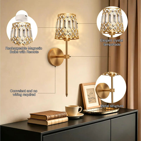 Gold Rechargeable Wireless Wall Sconces Set Of 2 With Remote Dimmable Accent Lamps Home Decor, featuring K9 crystal and metal design.