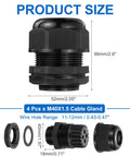4 Pack M40 Cable Glands Waterproof Nylon Joint For 11-12 Mm Cables, side view showing dimensions and wire hole sizes, black.