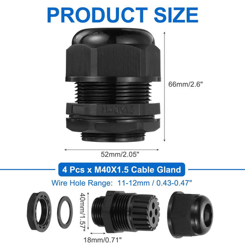 4 Pack M40 Cable Glands Waterproof Nylon Joint For 11-12 Mm Cables, side view showing dimensions and wire hole sizes, black.
