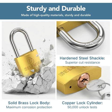 DELSWIN weatherproof padlock 2-pack with solid brass body, copper cylinder, and hardened steel 1-9/16 in shackle