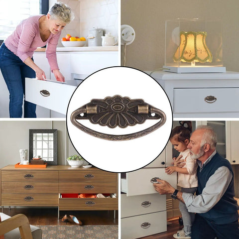Antique Alloy Drawer Ring Pull Handles For Cabinets Dressers And Wooden Boxes With Screws, 4 Pack shown in use and detail