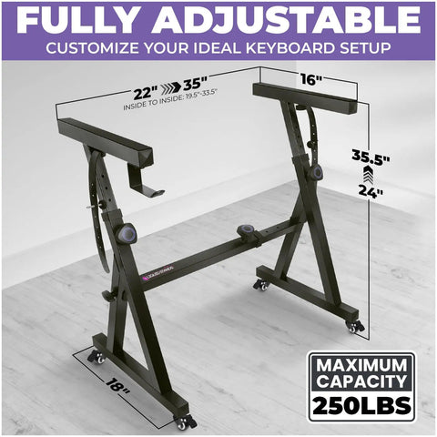 Adjustable heavy duty piano keyboard stand with wheels, 22-35 inch wide, fits 54 to 88 key digital pianos, max capacity 250lbs.