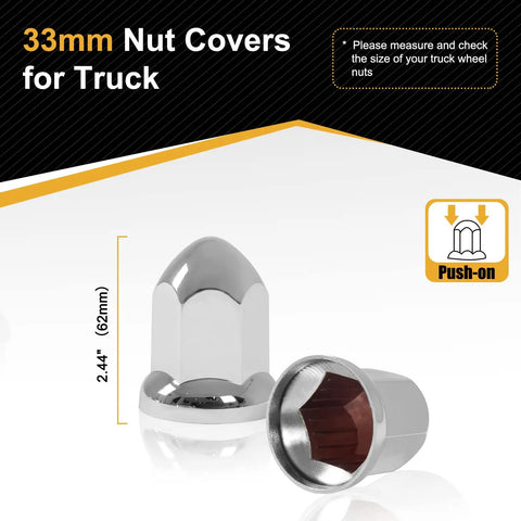 40 Pcs 33mm Lug Nut Covers For Semi Trucks Bullet Flanged ABS Chrome Push On Caps Anti Rust Protection Mirror Finish Durable Wheel Nut Covers With Easy Slip On Fit For Heavy Duty Trucks showcasing size and push-on feature