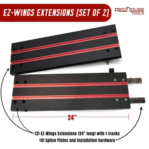 Heavy Duty 24 Inch Aluminum T Track Extensions For Woodworking Setup With Splice Plates And Hardware Set Of 2 showing two 24" extensions with red t-tracks.