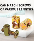 Top Shelf M6 Barrel Nuts And Slotted Cross Dowel Screws With 4 Pack Spring Loaded Replacement Hardware For Furniture Bed Crib And Chair Fixings Straight Up Solid Performance No Sweat Assembly Gold Finish with various length screws.