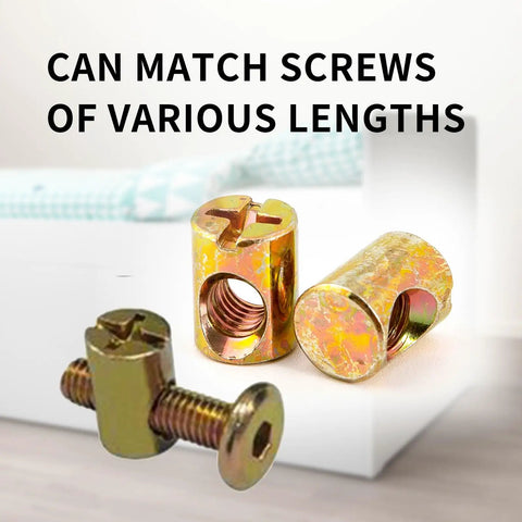 Top Shelf M6 Barrel Nuts And Slotted Cross Dowel Screws With 4 Pack Spring Loaded Replacement Hardware For Furniture Bed Crib And Chair Fixings Straight Up Solid Performance No Sweat Assembly Gold Finish with various length screws.