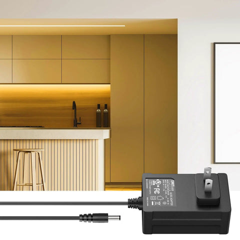 Kitchen with under-cabinet lighting, featuring 24V LED Power Supply 30W Non Dimmable UL Listed AC to DC Converter for LED Strip Lights.