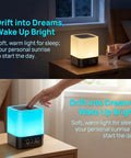 Five In One Night Light Bluetooth Speaker Alarm Clock MP3 Player With Touch Sensor LED Lamp on a nightstand glowing blue