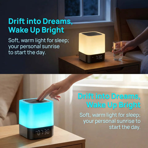 Five In One Night Light Bluetooth Speaker Alarm Clock MP3 Player With Touch Sensor LED Lamp on a nightstand glowing blue