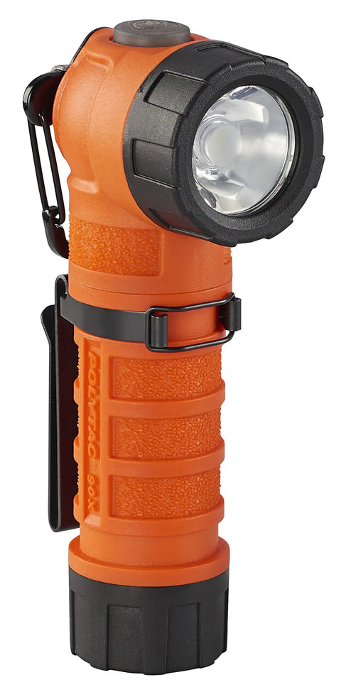 PolyTac 90X USB Right Angle LED Flashlight With Gear Keeper 500 Lumen 7000 Candela 167 Meter Beam Rechargeable Capable Orange