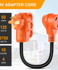 Heavy Duty 50 To 30 Amp Rv Power Adapter Cord 18 Inch Dogbone Converter Plug showing orange connectors and black cable.