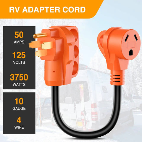 Heavy Duty 50 To 30 Amp Rv Power Adapter Cord 18 Inch Dogbone Converter Plug showing orange connectors and black cable.