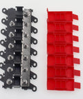 Heavy Duty Badass Six Way Midi Fuse Block And One In Six Out Power Distribution Module, black panel with red fuse holders.