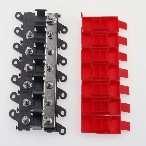 Heavy Duty Badass Six Way Midi Fuse Block And One In Six Out Power Distribution Module, black panel with red fuse holders.