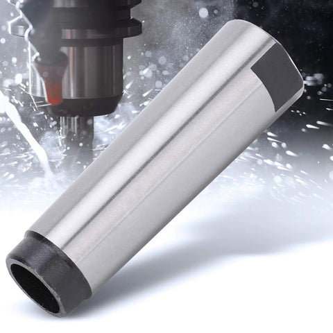 Silver MT3–MT2 taper drill sleeve arbor adapter for CNC lathe/mill fixtures.