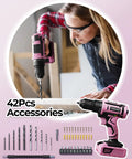 Pink Cordless Drill Set For Women 20V Lightweight Electric Power Drill With Three Eighths Inch Keyless Chuck Includes Power Pack And Charger Womens Tool Kit For Home Diy Projects And Quick Easy Household Fixes in use with accessories.
