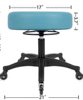 Adjustable Rolling Stool Featuring Dense Foam Cushion For Daily Grind Blade Casters Glidin Smooth Over Wood Tile Or Carpet No Fuss Wipe Clean Cover Rated For Workshop Or Clinic Use Blue 17 Inch  sitting view with dimensions shown.