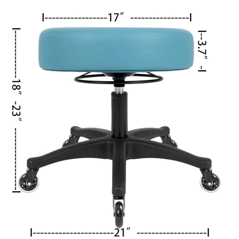 Adjustable Rolling Stool Featuring Dense Foam Cushion For Daily Grind Blade Casters Glidin Smooth Over Wood Tile Or Carpet No Fuss Wipe Clean Cover Rated For Workshop Or Clinic Use Blue 17 Inch  sitting view with dimensions shown.