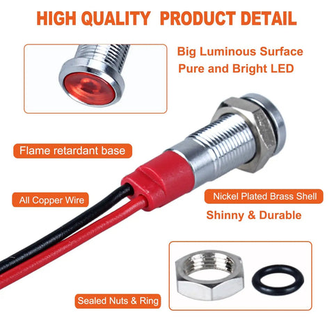 Close-up of Red LED Indicator Lights 12V To 24V Energy Saving 6mm Metal Waterproof Wide Flat Head Pilot Dash Signal Lamp showing components