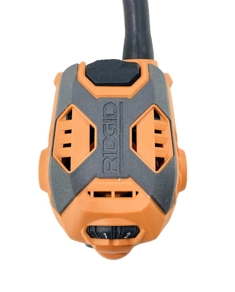 Top view of 5.5 Amp Corded Compact Power Trim Router With Micro Adjust Dial R24012 Renewed, showing Ridgid Orange casing and dial