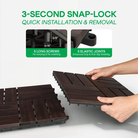 Hands installing Interlocking Deck Tiles For Indoor And Outdoor Use Waterproof Acacia Wood Patio Tiles Dark Brown Checker Pattern 11.81 Inch Squares Ten Tile Set Easy No Tool Installation For Quick DIY Patio Or Balcony Upgrade.