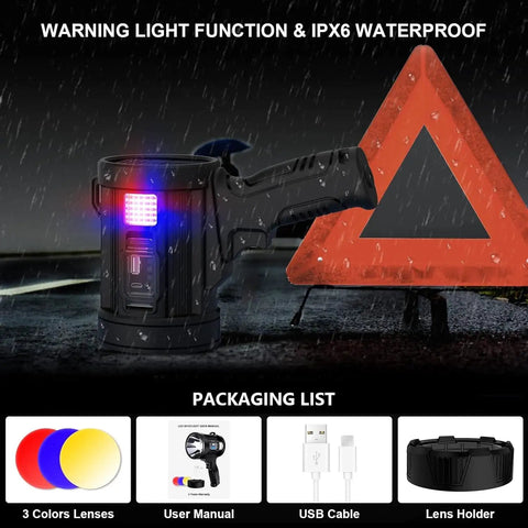 Rechargeable Handheld Spotlight With Solar Panels, Ultra Bright LED Flashlight For Outdoor Use, IPX6 waterproof, with accessories