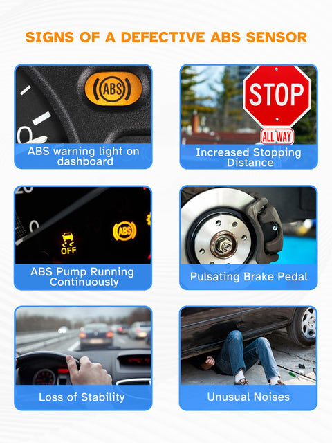 Signs of a defective ABS sensor including warning light, increased stopping distance, and loss of stability.